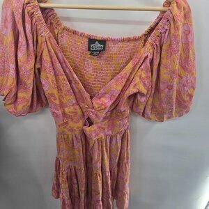 Angie Pink Yellow Front Cutout Ruched Mini Dress Size Medium NWOT